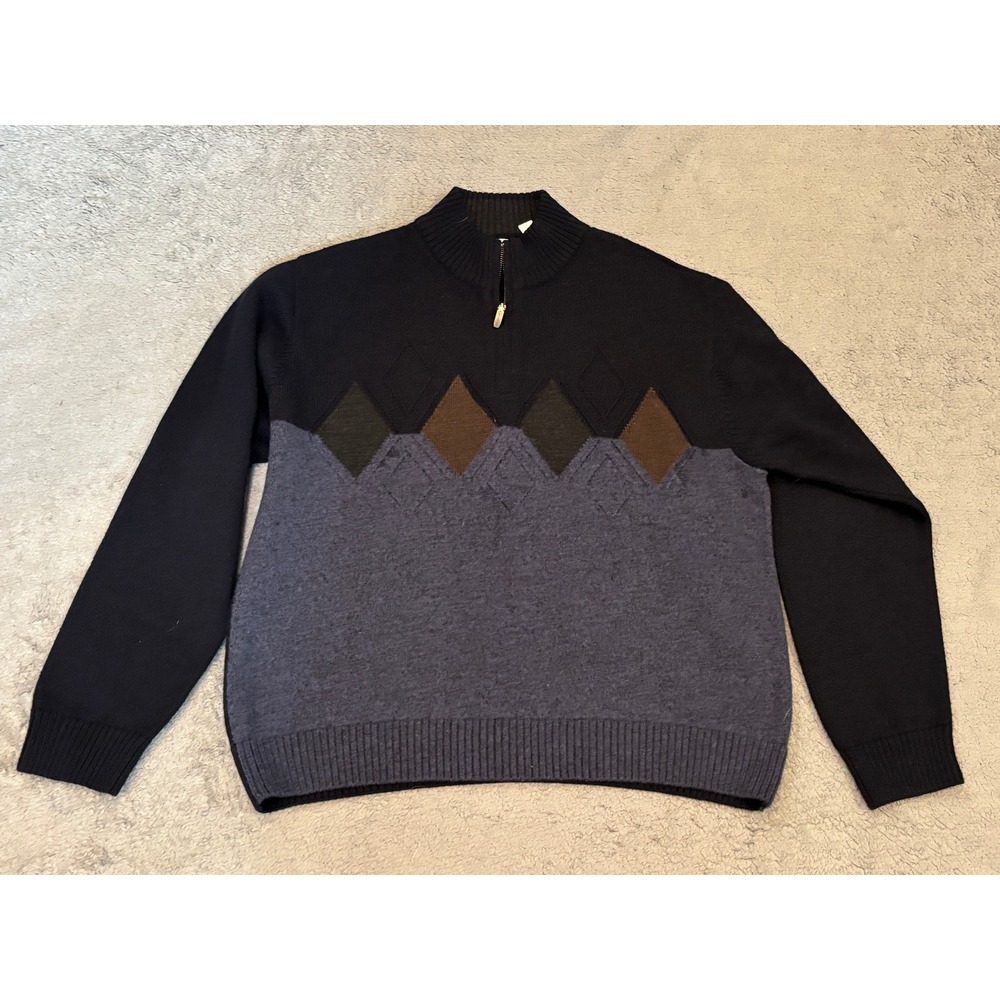 Alex Cannon Mens XL Merino Wool Blend Argyle Quarter Zip Sweater Navy Blue